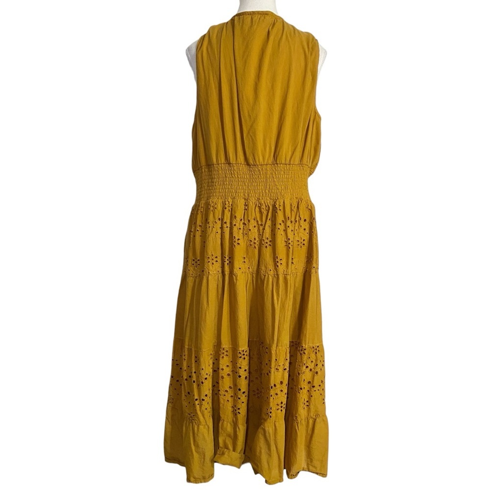 J Gee Mustard Yellow Boho Eyelet Tiered Midi Dress - Smocked Waist, V-Neck - Picture 2 of 16